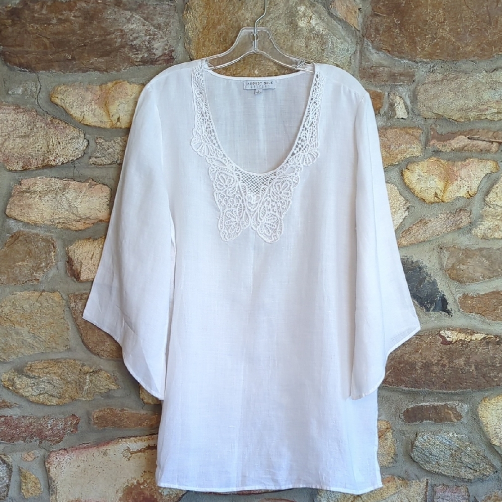 August Silk White 100% Linen Crochet-Trim Tunic